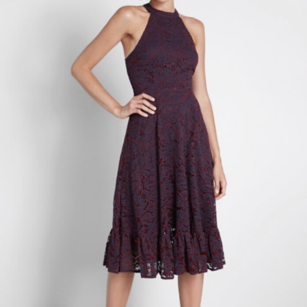Modcloth red blue lace halter dress